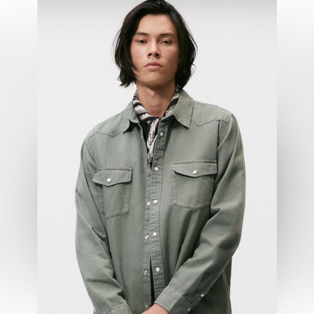 Zara Olive Green Topstitch Unisex Denim Shirt Jacket M NWT